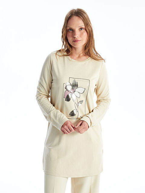 LCWAIKIKI Basic Bisiklet Yaka Baskılı Kadın Sweatshirt Tunik - S4KV47Z8-KPL