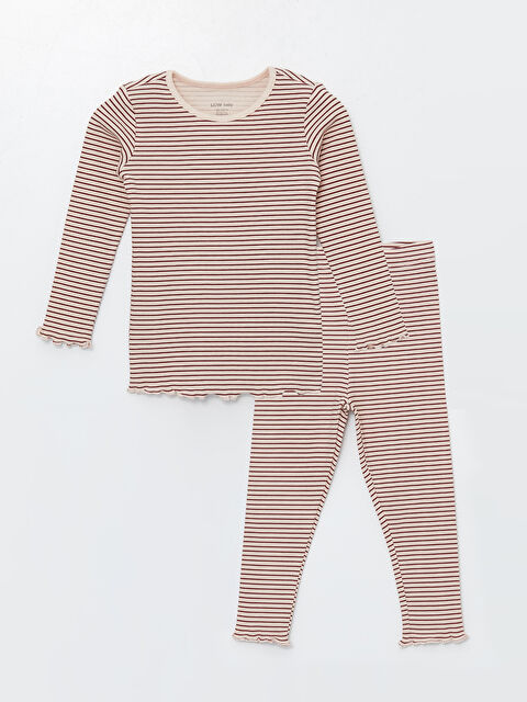 LCW baby طقم بيجامة مخطط كم طويل ياقة دائرية للبنات الصغيرات - S4KY12Z1-LQB