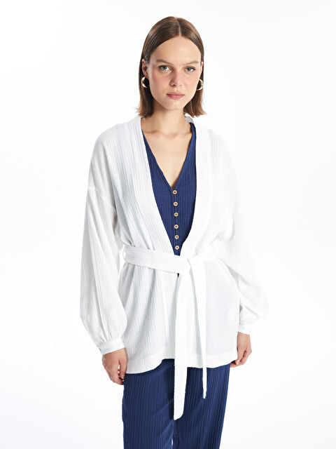 LCW Vision كيمونو واسع بأكمام طويلة وياقة شال سادة للسيدات - S4L072Z8-FFB