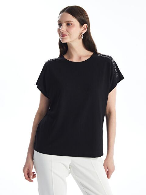 LCWAIKIKI Basic Crew Neck Rhinestone Embellished Short Sleeve Women's Blouse - S4L612Z8-CVL