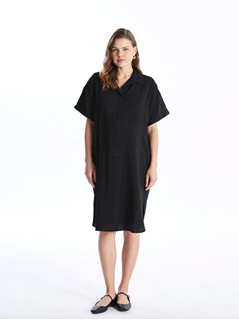 LCWAIKIKI Maternity Düz Kısa Kollu Oversize Keten Görünümlü Hamile Gömlek Elbise - S4L630Z8-CVL