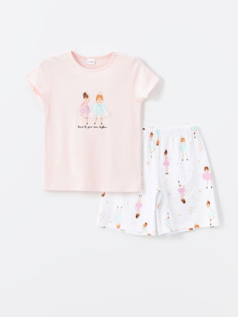 LCW Kids Bisiklet Yaka Baskılı Kısa Kollu Kız Çocuk Şortlu Pijama Takımı - S4L759Z4-FUG