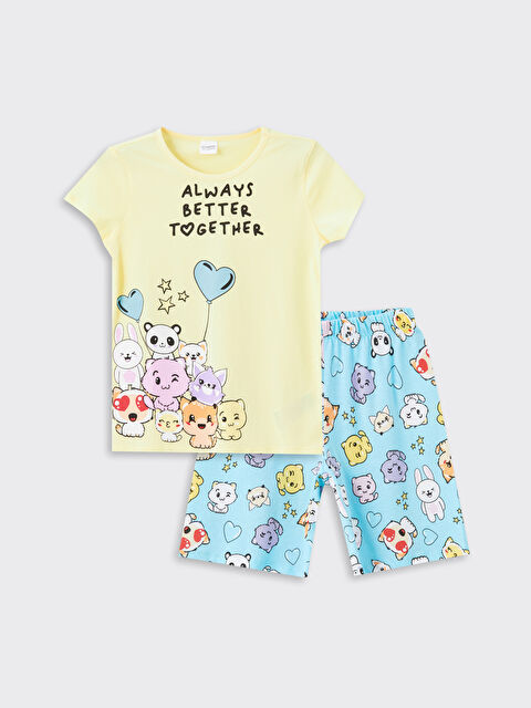 LCW Kids طقم بيجامة للبنات بياقة دائرية مطبوع كم قصير مع شورت - S4L796Z4-FDS