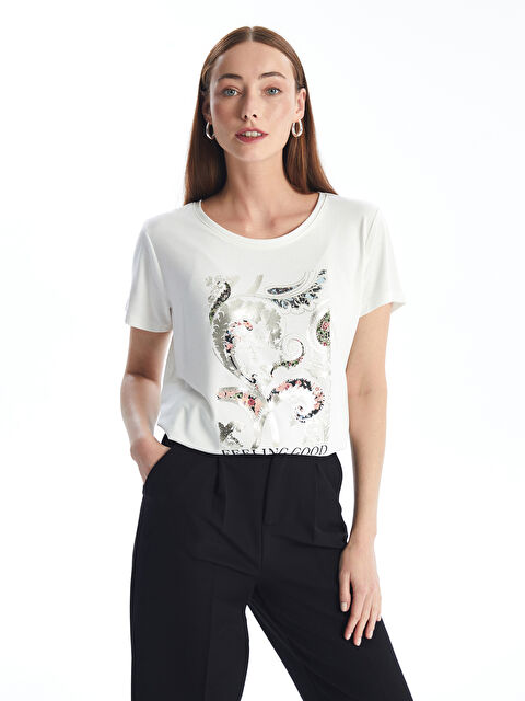 LCWAIKIKI Basic Bisiklet Yaka Baskılı Kısa Kollu Kadın Tişört - S4L865Z8-FEW