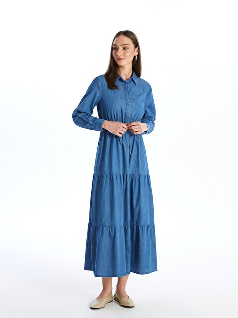 LCW Modest Collared Neck Plain Long Sleeve Women's Denim Dress - S4LF39Z8-H45
