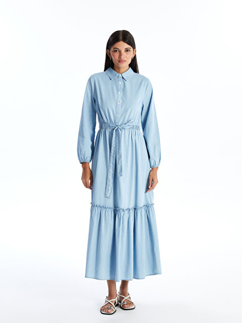 LCW Modest Gömlek Yaka Düz Uzun Kollu Kadın Jean Elbise