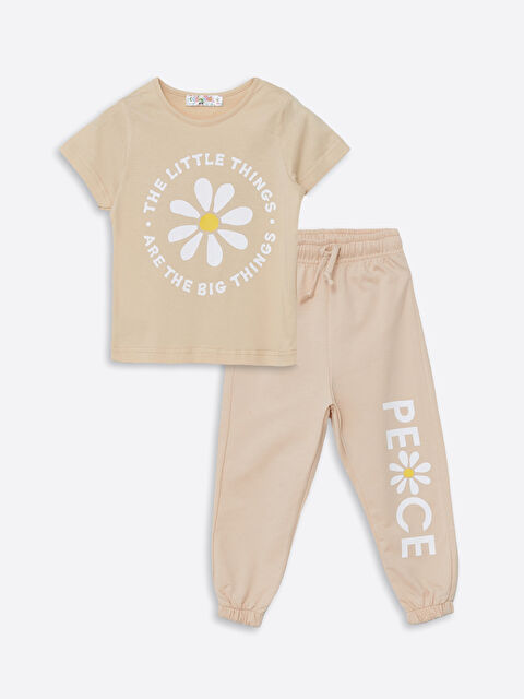 Calimera Kids Bisiklet Yaka Papatya Baskılı Kız Bebek Tişört ve Eşofman Altı 2'li Takım - S4LL12Z1-FRJ