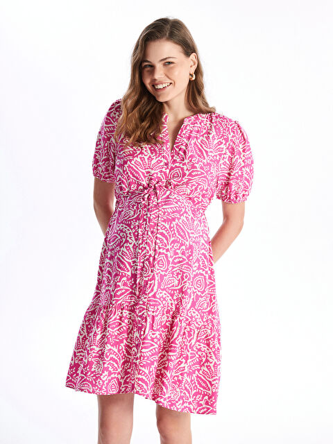 LCWAIKIKI Maternity Kaçık Yaka Desenli Kısa Kollu Hamile Elbise - S4LM47Z8-LT9