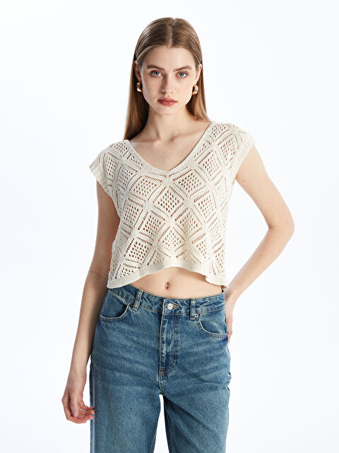 CALİMERA MODA V Yaka Kadın Kroşe Tişört - S4LQ58Z8-FRJ