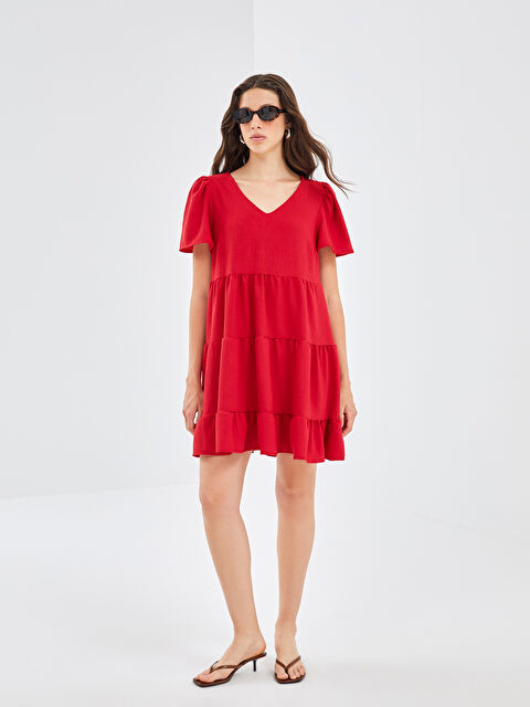 BLAİS V Yaka Düz Kısa Kollu Elbise - S4LT30Z8-SWY