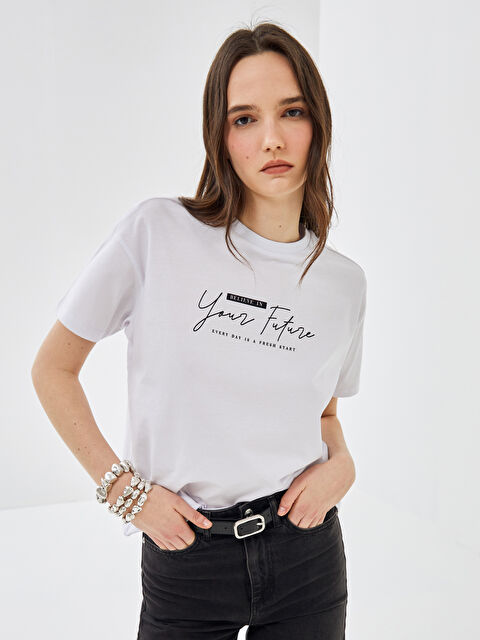 BLAİS Bisiklet Yaka Baskılı Kısa Kollu Oversize Kadın Tişört - S4LT64Z8-1BQ