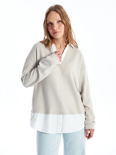 LCWAIKIKI Basic Gömlek Yaka Düz Uzun Kollu Kadın Sweatshirt - S4M285Z8-QYF