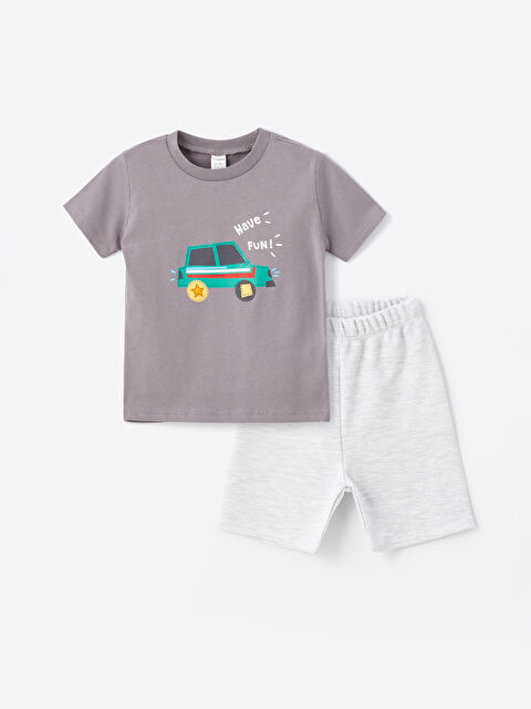 LCW Kids Bisiklet Yaka Kısa Kollu Baskılı Erkek Bebek Tişört ve Şort 2'li Takım - S4M442Z1-VGL