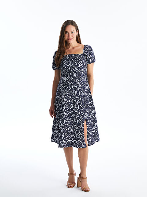 LCWAIKIKI Maternity Kayık Yaka Çiçekli Kısa Kollu Hamile Elbise - S4M666Z8-LSJ