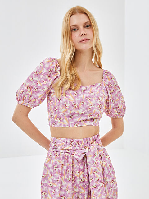 LCW Modest Kalp Yaka Çiçekli Kısa Kollu Kadın Crop - S4MC36Z8-FMN