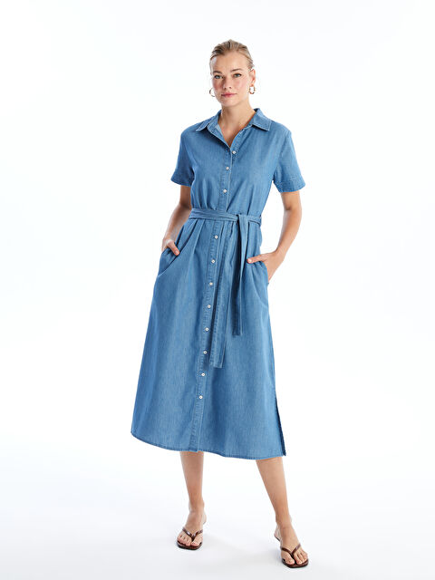 LCWAIKIKI Classic Gömlek Yaka Düz Kısa Kollu Kadın Jean Elbise - S4MG75Z8-H45