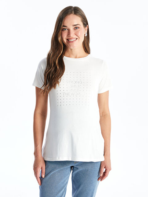 LCWAIKIKI Maternity Bisiklet Yaka Parlak Taş Baskılı Kısa Kollu Hamile Tişört - S4MP48Z8-R9J