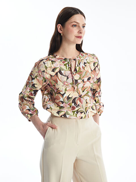 LCWAIKIKI Classic Tie Collar Floral Long Sleeve Oversize Women's Blouse - S4MQ44Z8-LRA