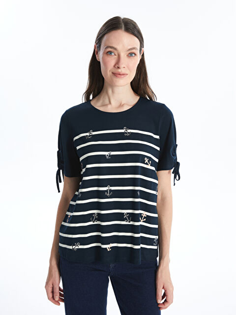 LCW Grace Crew Neck Striped Short Sleeve Women's Blouse - S4N319Z8-E1J