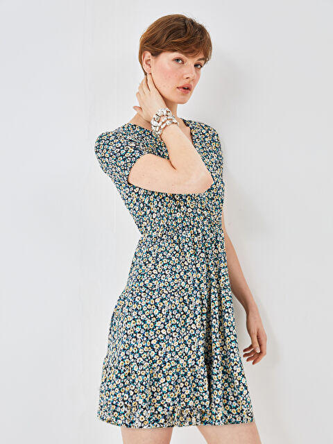 BLAİS Kruvaze Yaka Çiçekli Kısa Kollu Kadın Elbise - S4N789Z8-F9C