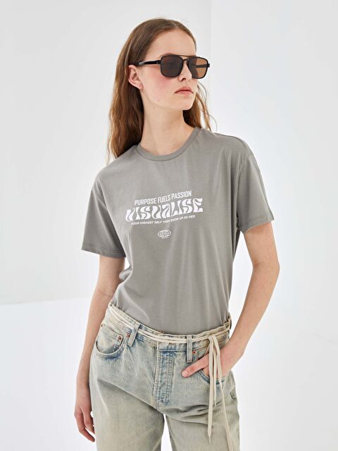 BLAİS Bisiklet Yaka Baskılı Kısa Kollu Kadın Tişört - S4N822Z8-CUZ