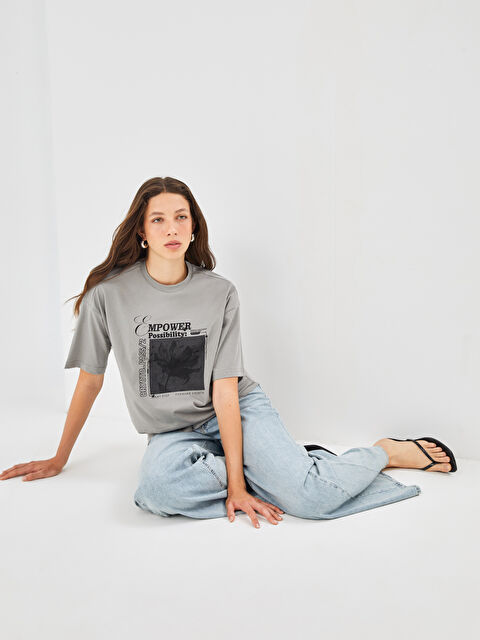 BLAİS Bisiklet Yaka Baskılı Kısa Kollu Kadın Tişört - S4N880Z8-LAL