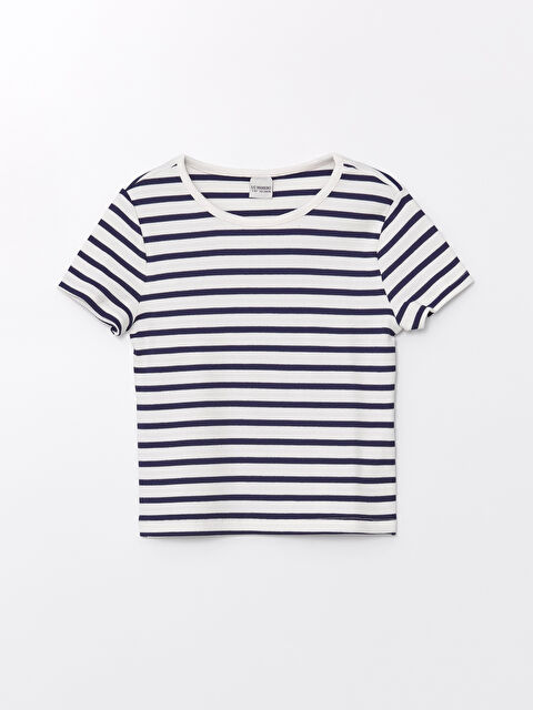 LCW Kids تيشيرت للبنات برقبة دائرية مُخَطَّط كم قصير - S4N898Z4-LGS