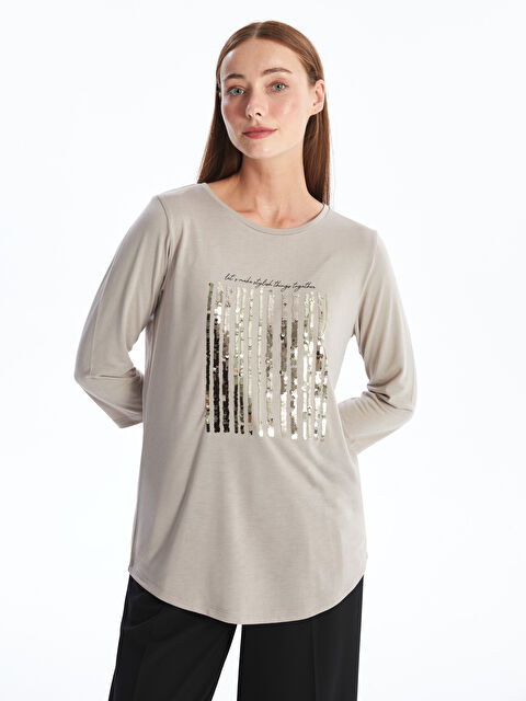 LCWAIKIKI Basic Bisiklet Yaka Pul Payetli Uzun Kollu Kadın Bluz - S4NA52Z8-GEY