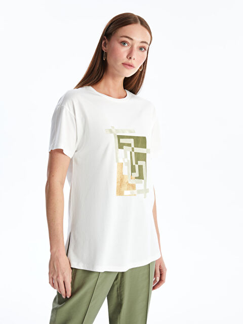 LCWAIKIKI Basic Bisiklet Yaka Baskılı Kısa Kollu Kadın Tişört - S4NA71Z8-R9J