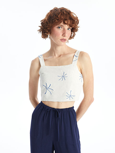 LCW Vision Kare Yaka Nakışlı Keten Karışımlı Kadın Crop - S4NB73Z8-LQQ