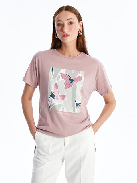 LCWAIKIKI Basic Bisiklet Yaka Baskılı Kısa Kollu Kadın Tişört - S4NB79Z8-GJR