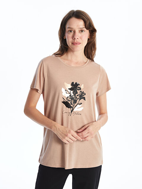 LCWAIKIKI Basic Bisiklet Yaka Baskılı Kısa Kollu Kadın Tişört - S4NB82Z8-GC4