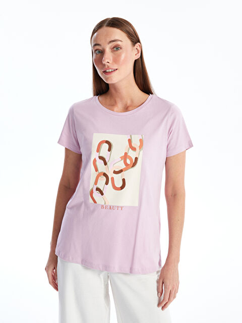 LCWAIKIKI Basic Тениска с кръгло деколте, отпечатана, с къс ръкав за жени - S4NC10Z8-FJN