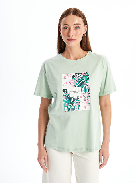 LCWAIKIKI Basic Bisiklet Yaka Baskılı Kısa Kollu Kadın Tişört - S4NC96Z8-G3H