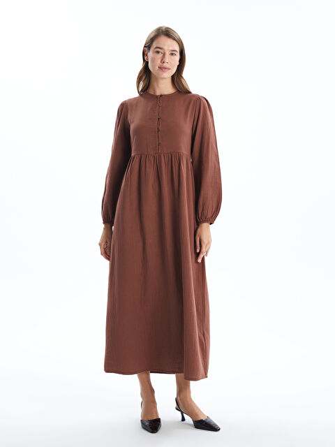 ロング LCW Modest Kahverengi Bisiklet Yaka Düz Uzun Kollu Kadın Elbise