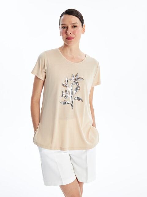 LCWAIKIKI Basic Bisiklet Yaka Baskılı Kısa Kollu Kadın Tişört - S4NG30Z8-G1Y