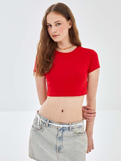 BLAİS Bisiklet Yaka Düz Kısa Kollu Kadın Crop - S4NJ24Z8-SWY