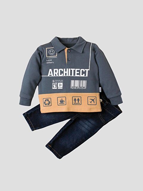 Kidex's Polo Yaka Erkek Bebek Sweatshirt ve Pantolon 2'li Takım - S4NJ53Z1-D1B