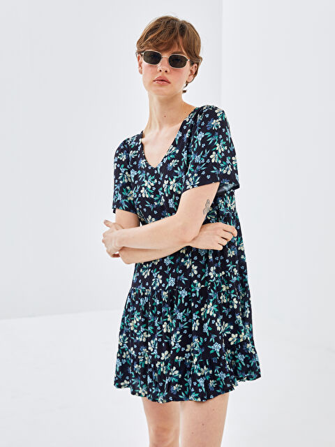 BLAİS V Yaka Çiçekli Kısa Kollu Kadın Elbise - S4NK05Z8-M0T