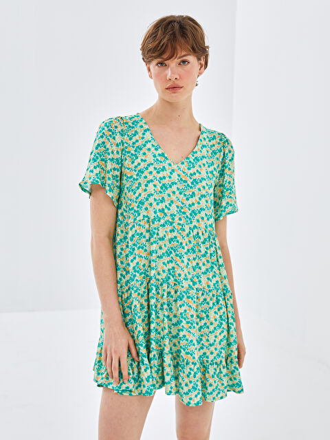 BLAİS V Yaka Çiçekli Kısa Kollu Elbise - S4NK05Z8-VJA