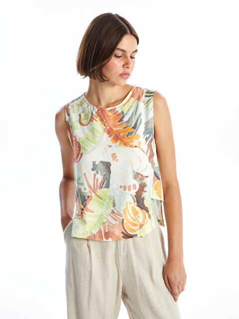 LCW Vision Bisiklet Yaka Desenli Keten Görünümlü Kadın Bluz - S4NL44Z8-LRR