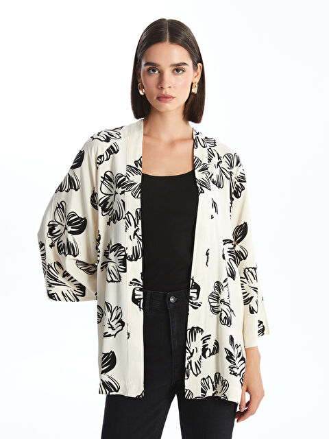 LCW Vision Şal Yaka Çiçekli Keten Karışımlı Oversize Kadın Kimono - S4NN52Z8-LQJ