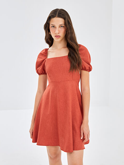 BLAİS Kare Yaka Düz Kısa Kollu Keten Görünümlü Kadın Elbise - S4NQ33Z8-V89