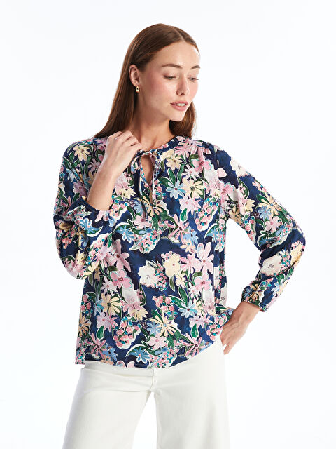 LCWAIKIKI Classic Блузка Женская С Цветочным Принтом, Длинными Рукавами И Завязками На Шее - S4NU11Z8-LSJ