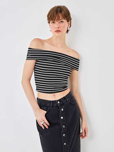 BLAİS Kayık Yaka Çizgili Kadın Tişört - S4NU39Z8-LEG