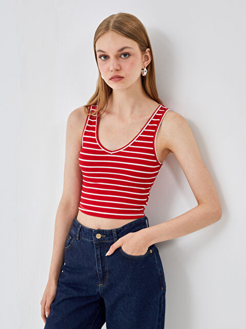 BLAİS V Yaka Çizgili Crop Kadın Atlet - S4NU47Z8-SWY