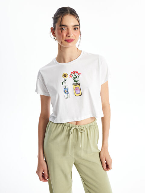 XSIDE Bisiklet Yaka Baskılı Kısa Kollu Kadın Crop - S4NY57Z8-Q6K