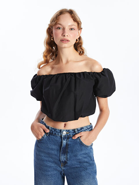 LCW Vision Kayık Yaka Düz Kısa Kollu Kadın Crop - S4O307Z8-CVL