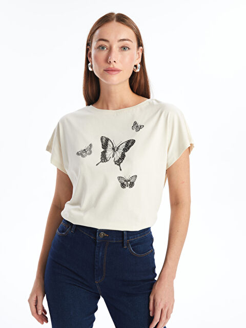 LCWAIKIKI Basic Bisiklet Yaka Desenli Kısa Kollu Kadın Bluz - S4O472Z8-FWM