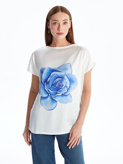 LCWAIKIKI Basic Bisiklet Yaka Baskılı Kısa Kollu Kadın Tişört - S4O767Z8-R9J